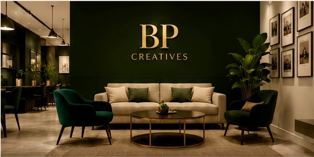 BP Creatives lounge with gold logo and green accent wall